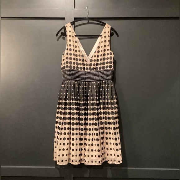 Anthropologie Burlapp polka dot Stripe Brown Black Sleeveless flare Mini dress 8 - Picture 3 of 11